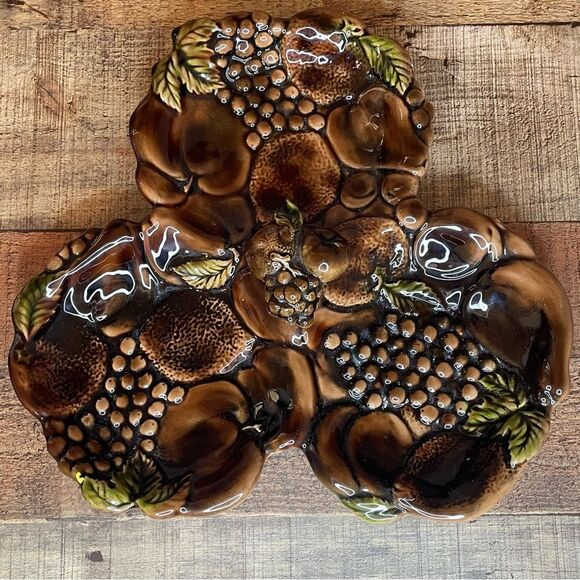 Inarco Japan Ceramic Fruit Divided Dish Brown E-2917 MCM Vintage READ - Picture 1 of 10